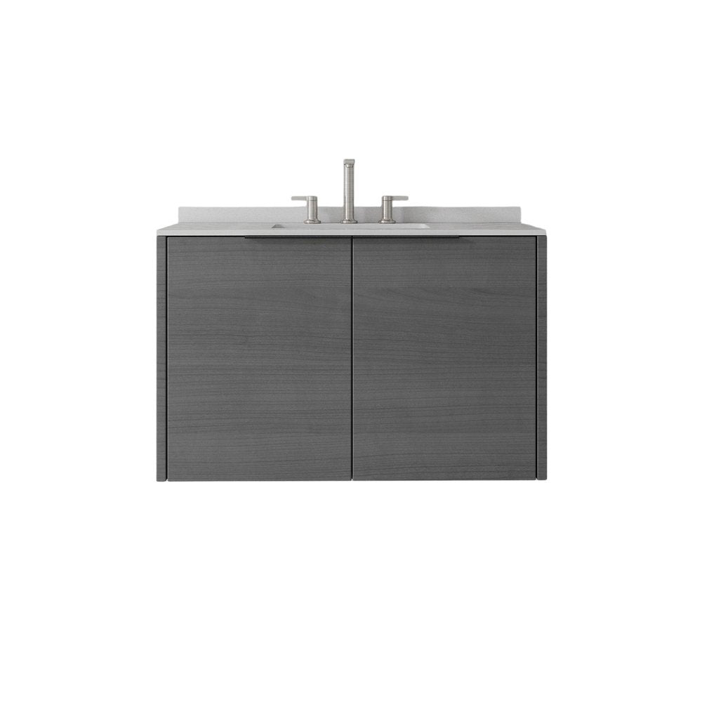 36" Gray Wood Floating Double Door Bathroom Vanity With White Sink