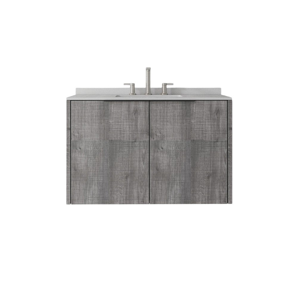 36" Gray Wood Floating Double Door Bathroom Vanity With White Sink