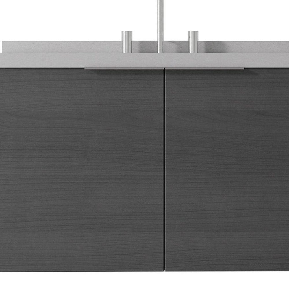 36" Gray Wood Floating Double Door Bathroom Vanity With White Sink