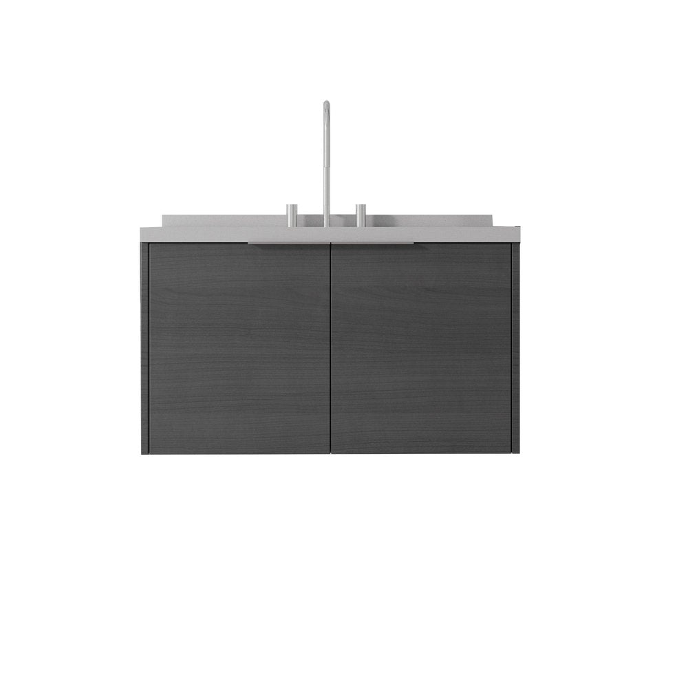 36" Gray Wood Floating Double Door Bathroom Vanity With White Sink