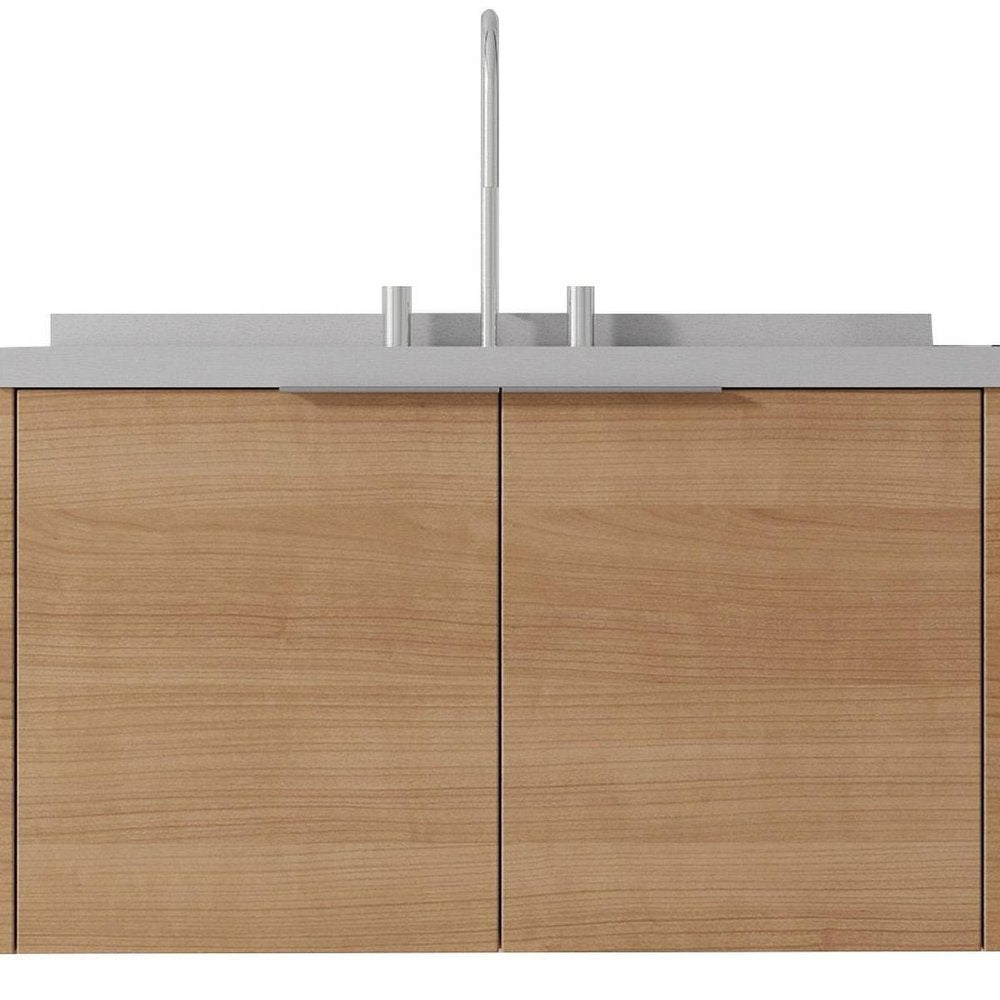 36" Brown Wood Floating Double Door Bathroom Vanity With White Sink