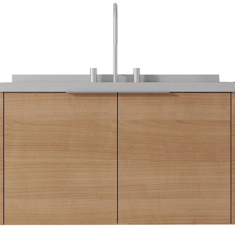 36" Brown Wood Floating Double Door Bathroom Vanity With White Sink