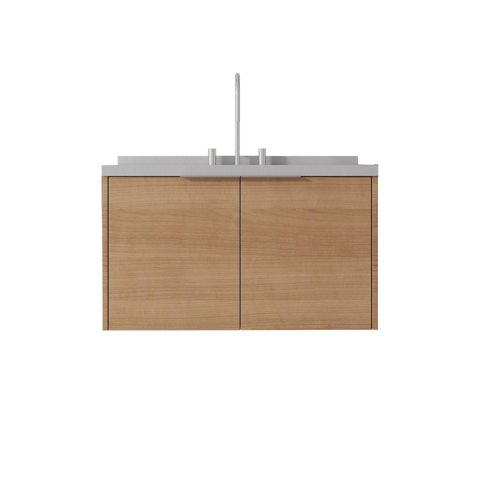 36" Brown Wood Floating Double Door Bathroom Vanity With White Sink
