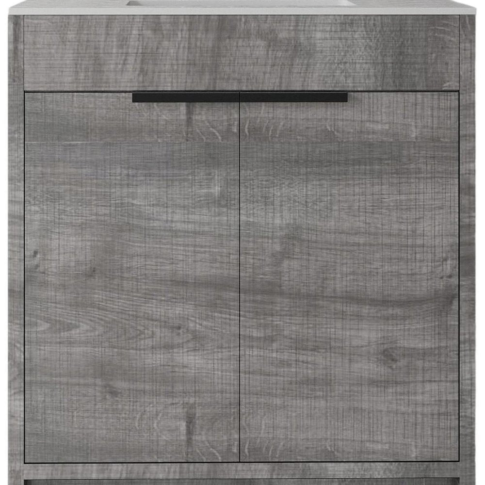 30" Gray Wood Freestanding Double Door Bathroom Vanity With White Sink close-up highlighting the gray wood surface.