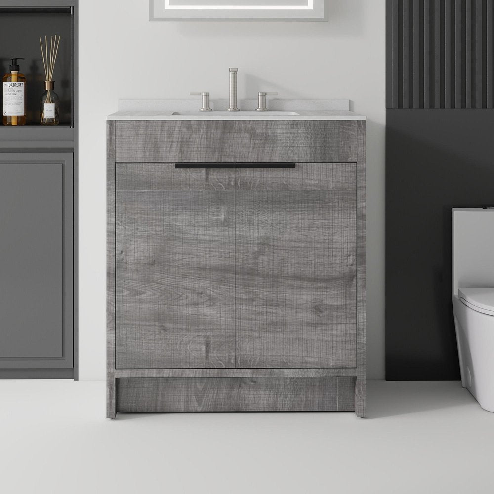 30" Gray Wood Freestanding Double Door Bathroom Vanity With White Sink