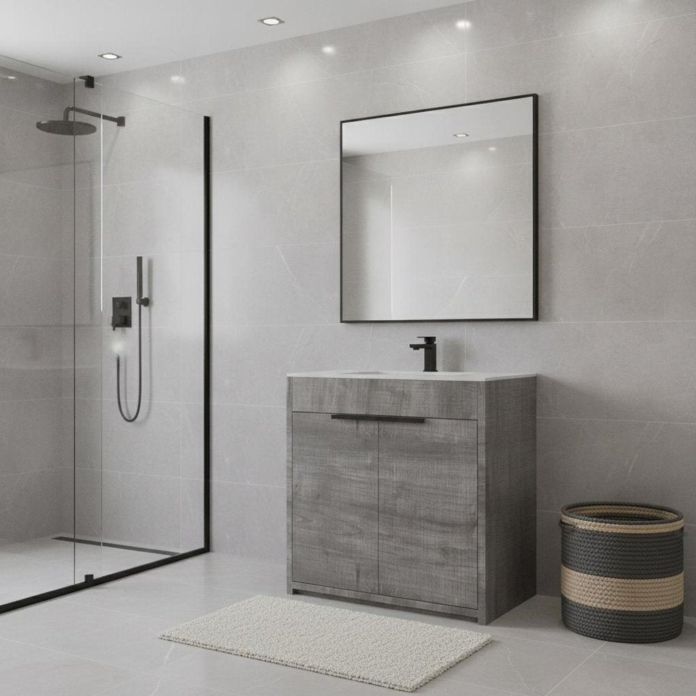 30" Gray Wood Freestanding Double Door Bathroom Vanity With White Sink. Bathroom vanity in gray wood.
