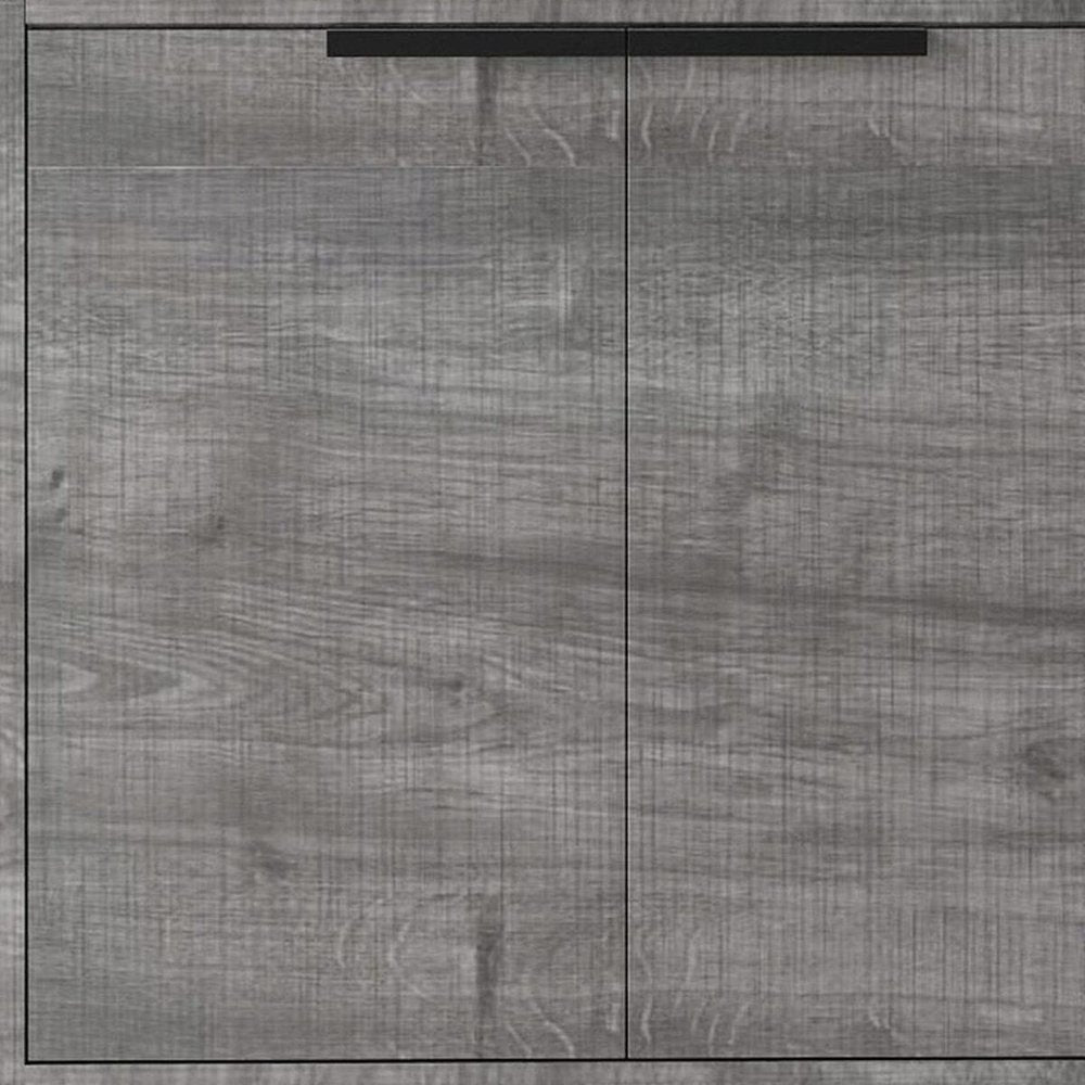Close-up of 30" Gray Wood Freestanding Double Door Bathroom Vanity With White Sink showing the gray wood texture.