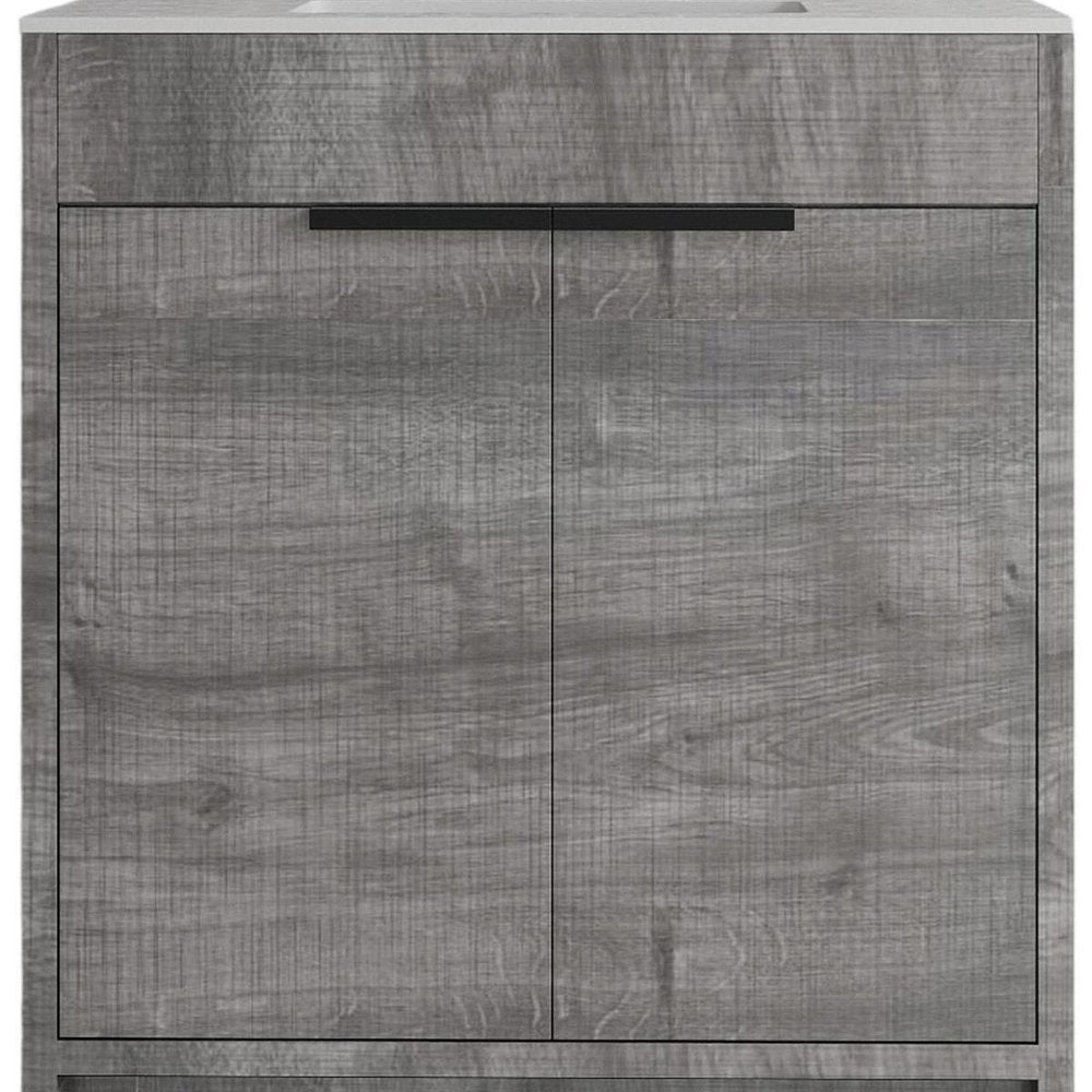 Detail view of 30" Gray Wood Freestanding Double Door Bathroom Vanity With White Sink, filling the frame with the gray wood texture.