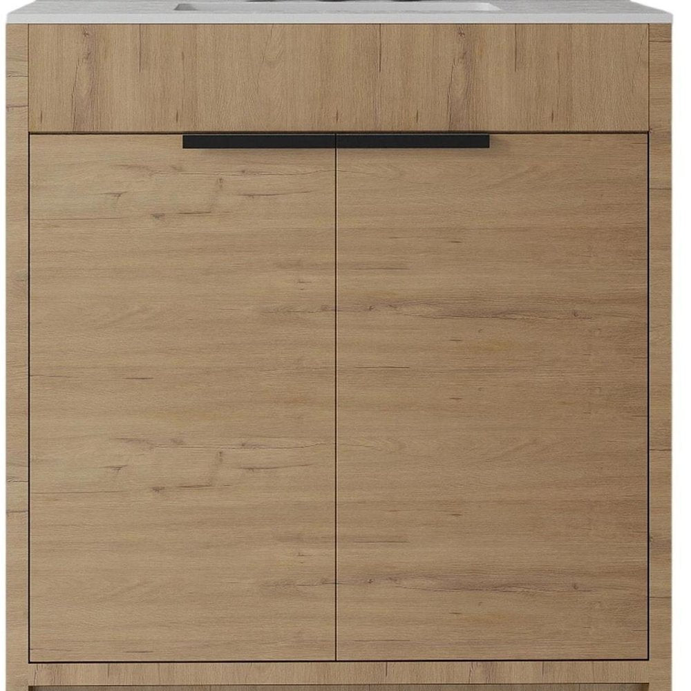 30" Brown Wood Freestanding Double Door Bathroom Vanity With White Sink. Bathroom vanity in brown wood.