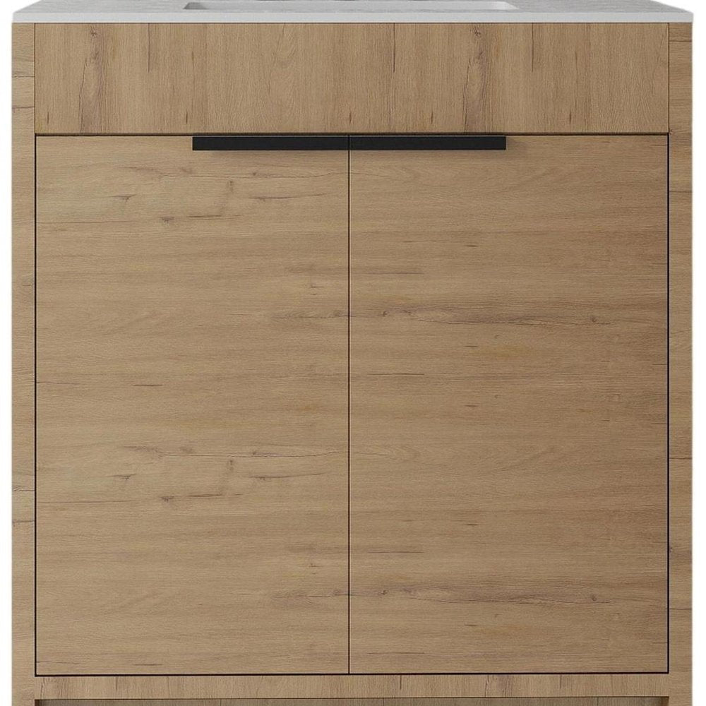 30" Brown Wood Freestanding Double Door Bathroom Vanity With White Sink