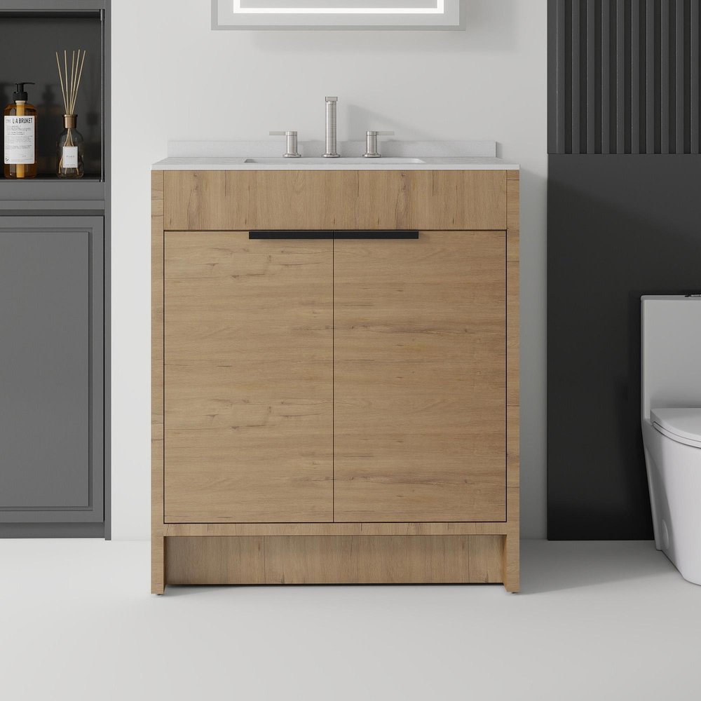 30" Brown Wood Freestanding Double Door Bathroom Vanity With White Sink