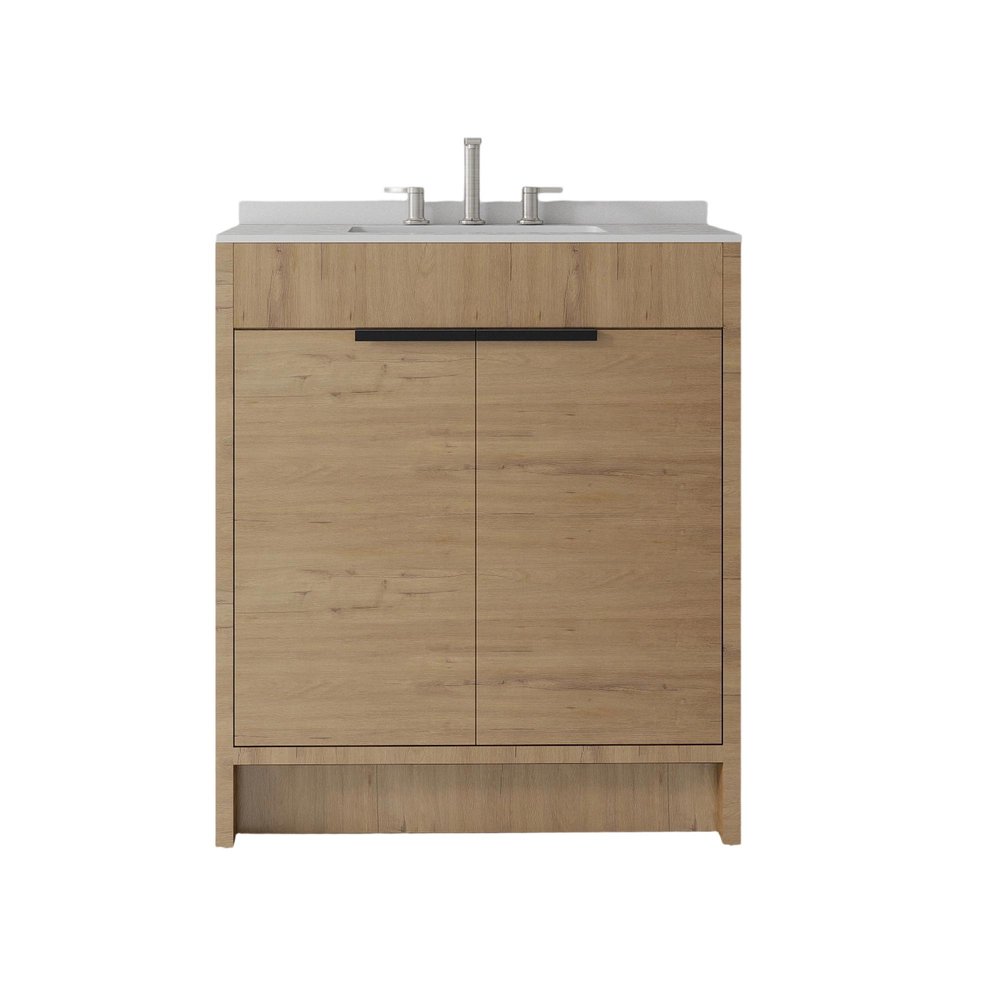 30" Brown Wood Freestanding Double Door Bathroom Vanity With White Sink