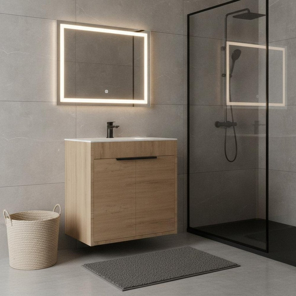 30" Brown Wood Freestanding Double Door Bathroom Vanity With White Sink