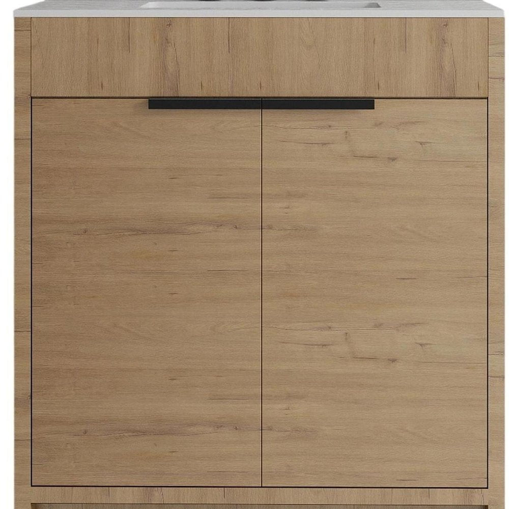 30" Brown Wood Freestanding Double Door Bathroom Vanity With White Sink. Bathroom vanity in brown wood.
