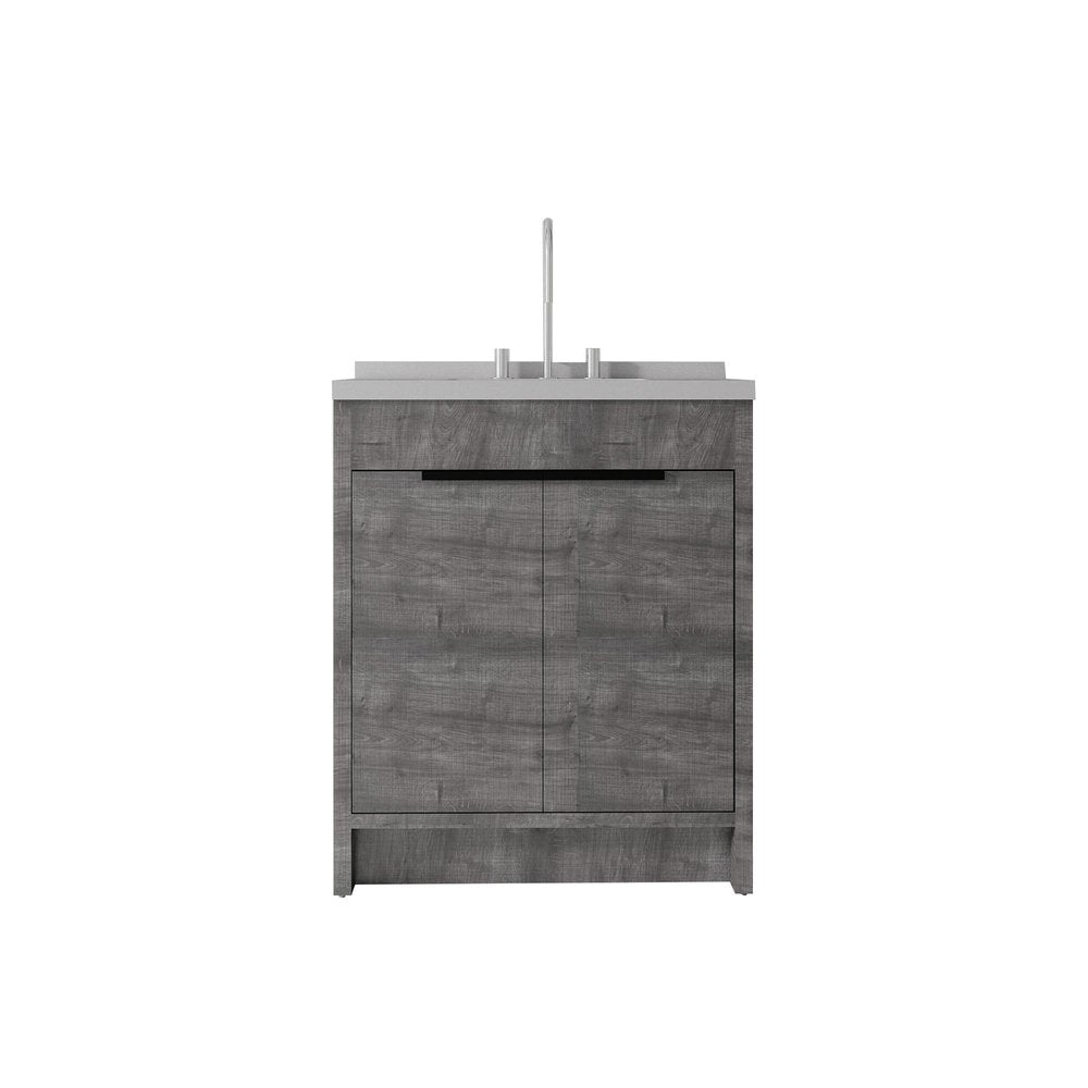 30" Gray Wood Freestanding Double Door Bathroom Vanity With White Sink