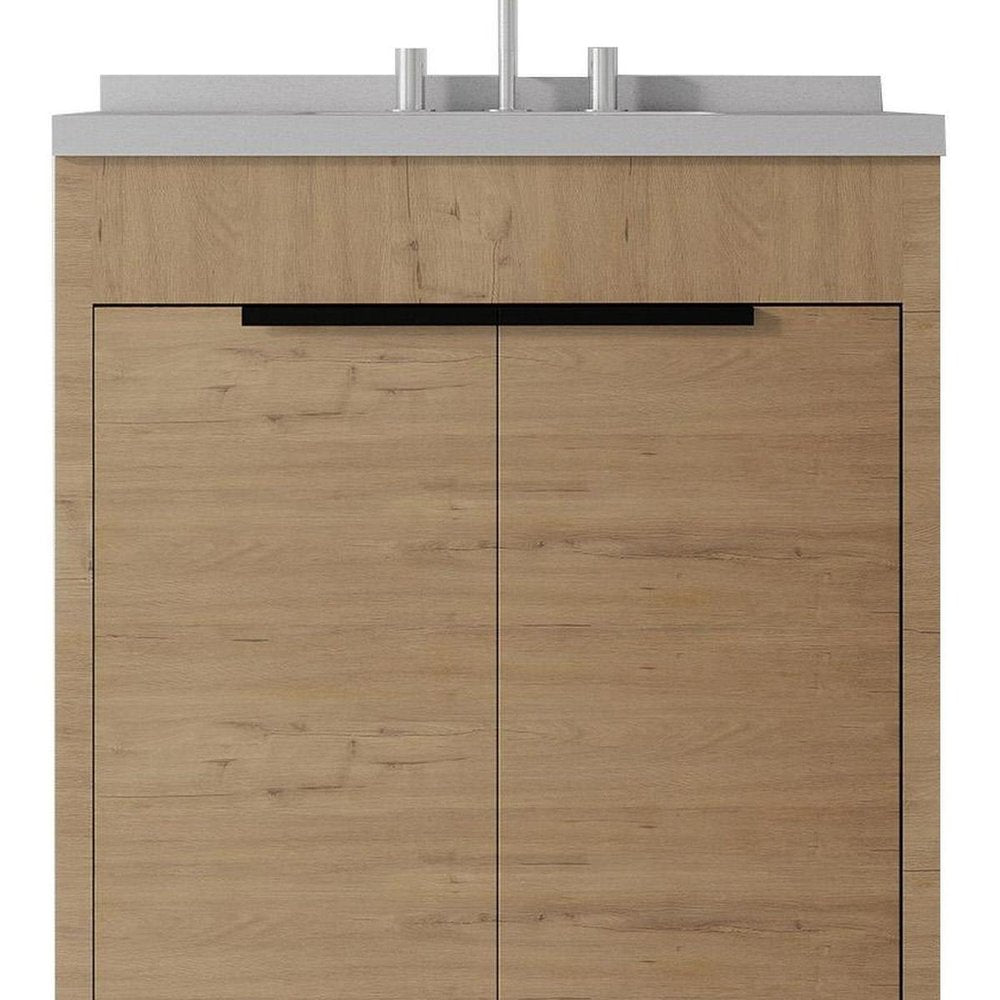 30" Brown Wood Freestanding Double Door Bathroom Vanity With White Sink