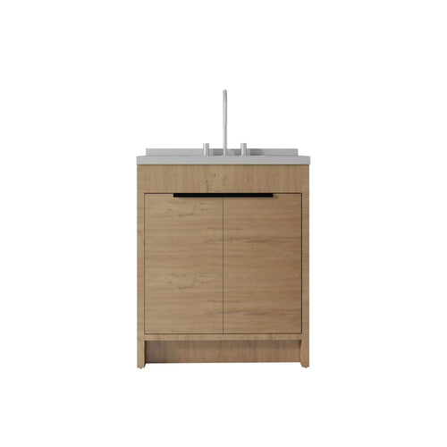 30" Brown Wood Freestanding Double Door Bathroom Vanity With White Sink
