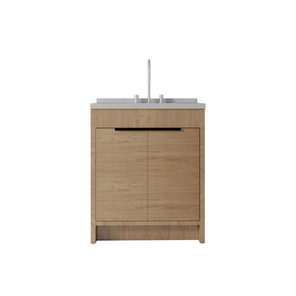 30" Brown Wood Freestanding Double Door Bathroom Vanity With White Sink