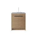 30" Brown Wood Freestanding Double Door Bathroom Vanity With White Sink. Bathroom vanity isolated on a plain white background, showing a brown wood surface.