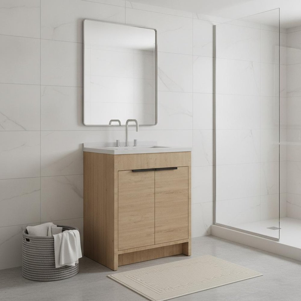 30" Brown Wood Freestanding Double Door Bathroom Vanity With White Sink close-up highlighting the white wood surface.