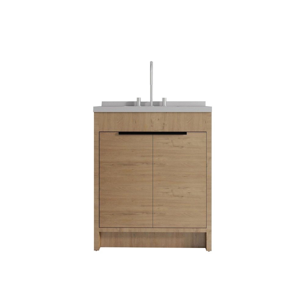 30" Brown Wood Freestanding Double Door Bathroom Vanity With White Sink. Bathroom vanity isolated on a plain white background, finished in brown wood.