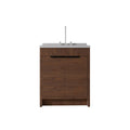 30" Brown Wood Freestanding Double Door Bathroom Vanity With White Sink. Bathroom vanity isolated on a plain white background, showing a white wood surface.