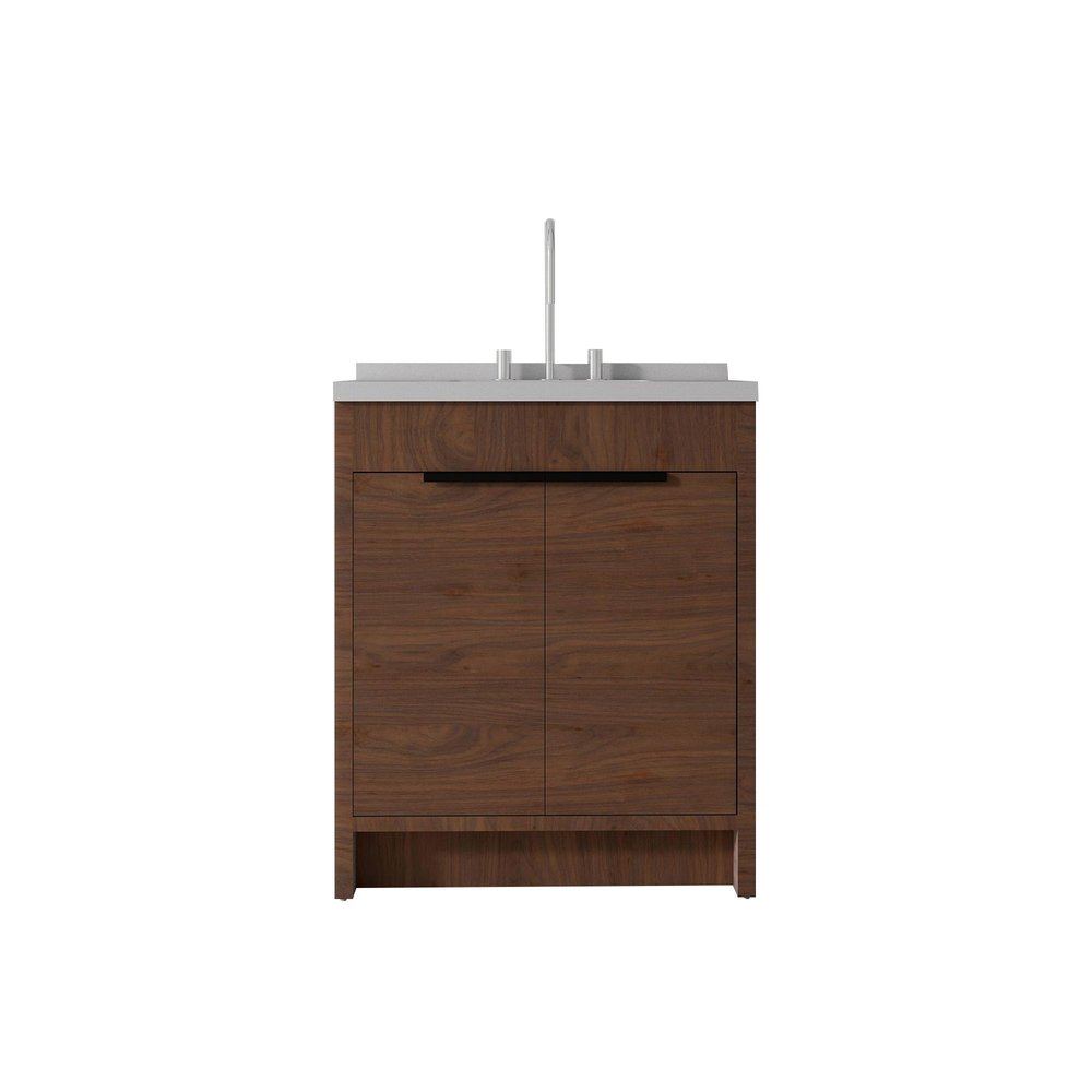30" Brown Wood Freestanding Double Door Bathroom Vanity With White Sink. Bathroom vanity isolated on a plain white background, showing a white wood surface.