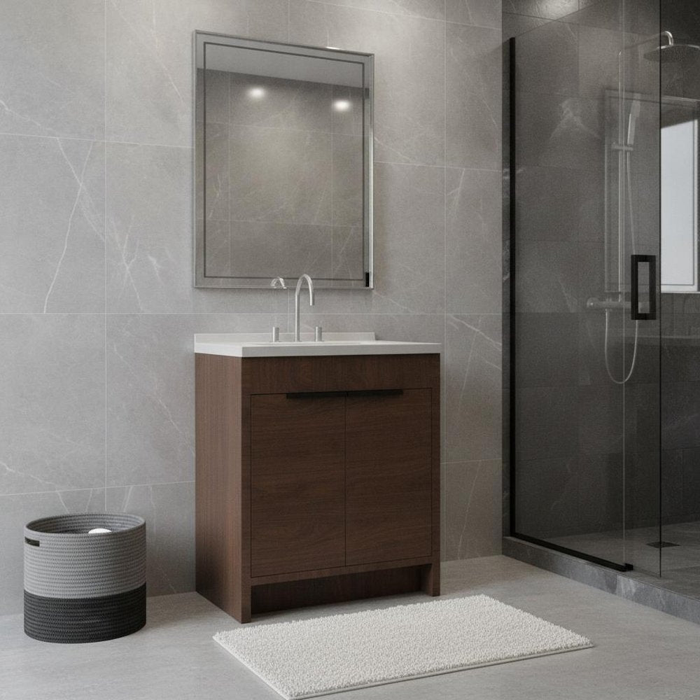 30" Brown Wood Freestanding Double Door Bathroom Vanity With White Sink - 34.25" H x 30.00" W x 18.00" D