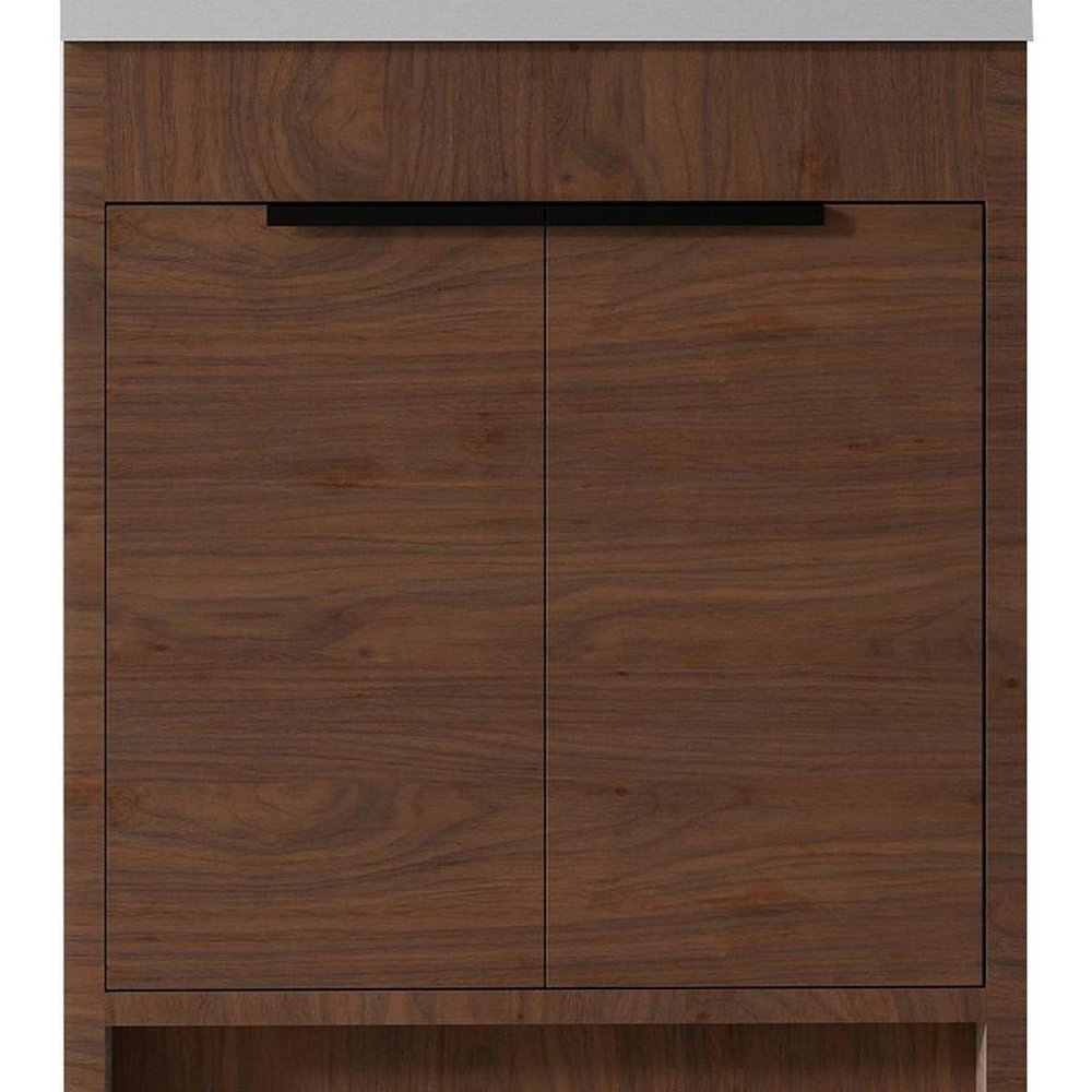 A brown wood bathroom vanity with two doors and black handles, set against a white background.