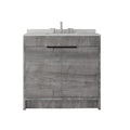 36" Gray Wood Freestanding Double Door Bathroom Vanity With White Sink. Bathroom vanity isolated on a plain white background, finished in gray wood.