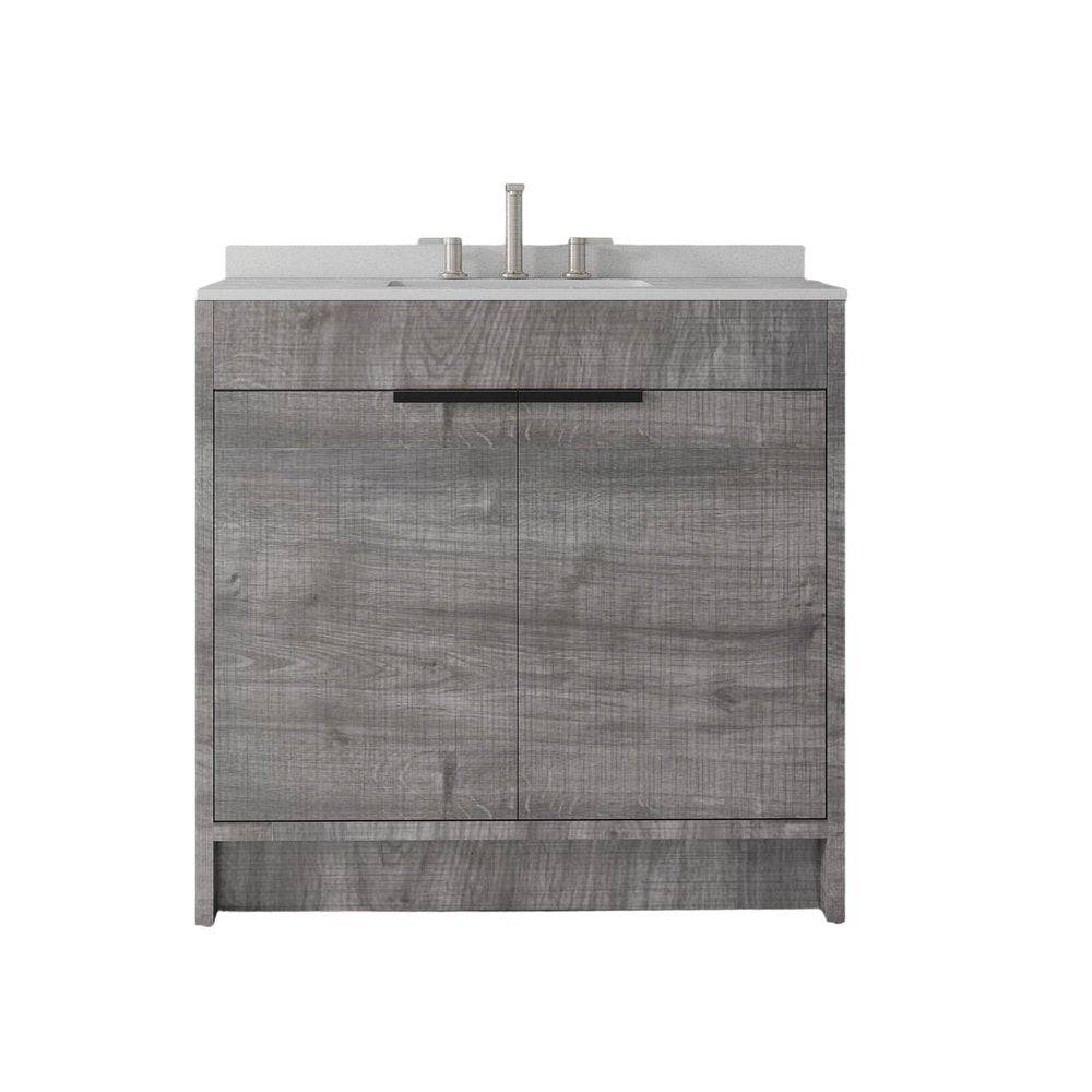 36" Gray Wood Freestanding Double Door Bathroom Vanity With White Sink