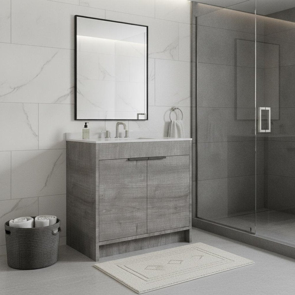 36" Gray Wood Freestanding Double Door Bathroom Vanity With White Sink