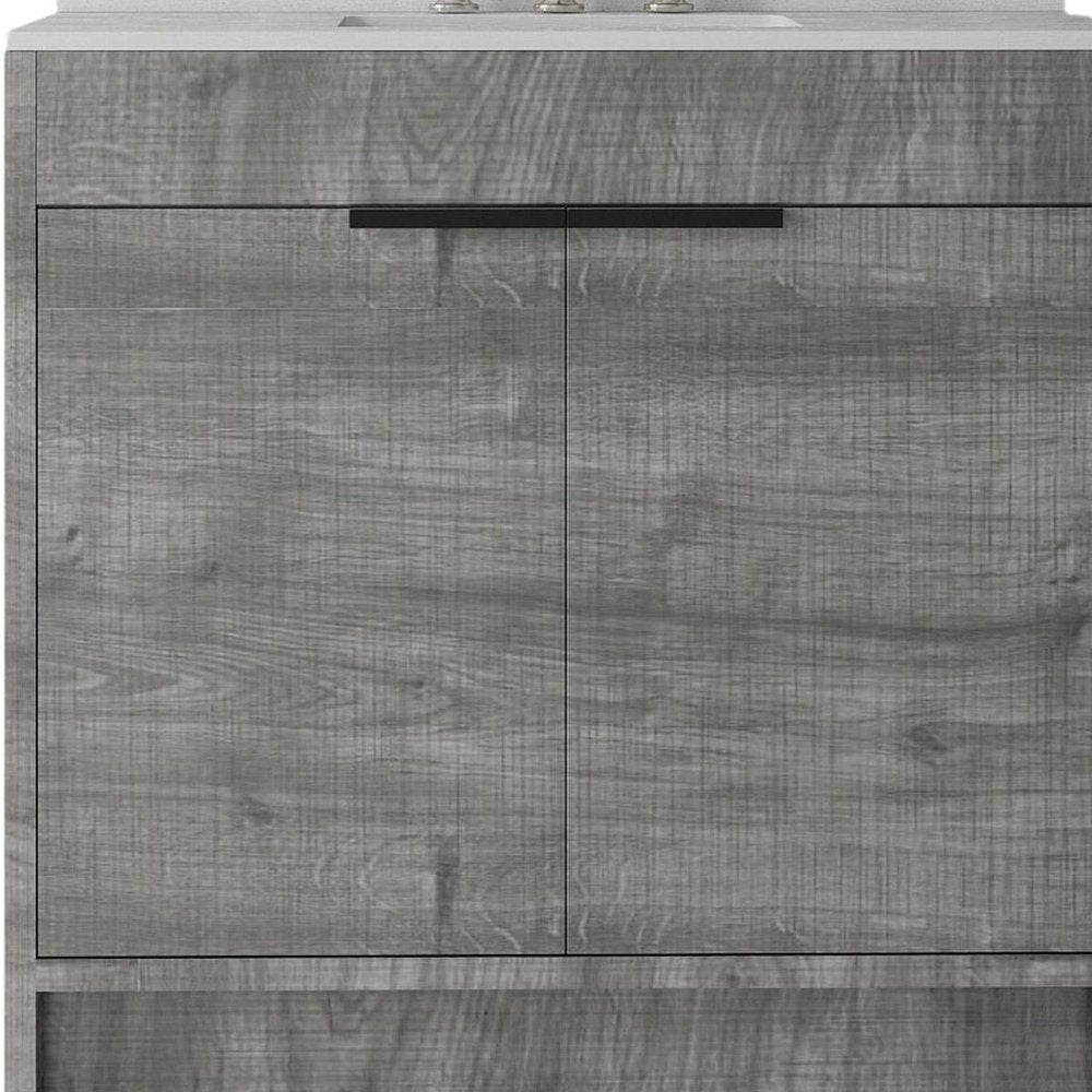 36" Gray Wood Freestanding Double Door Bathroom Vanity With White Sink