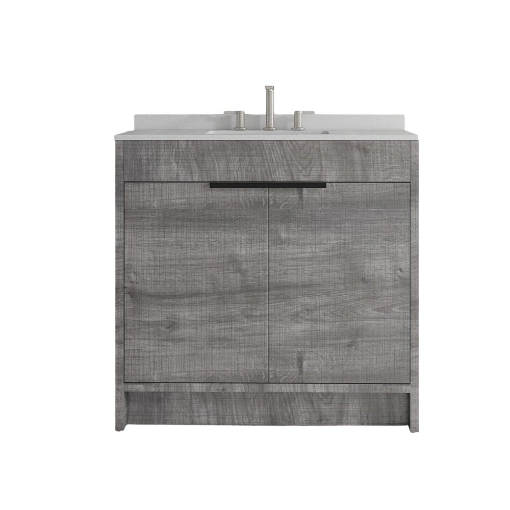 36" Gray Wood Freestanding Double Door Bathroom Vanity With White Sink. Bathroom vanity isolated on a plain white background, showing a gray wood surface.