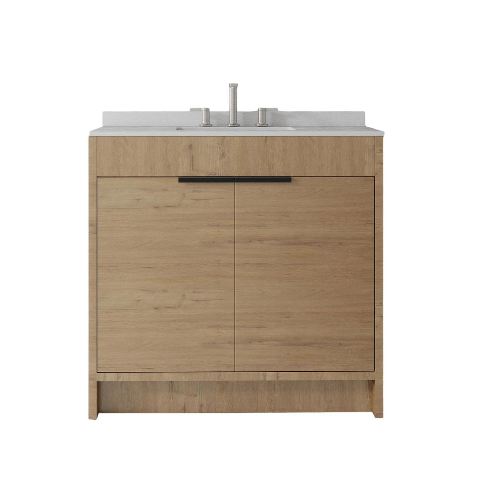 36" Brown Wood Freestanding Double Door Bathroom Vanity With White Sink