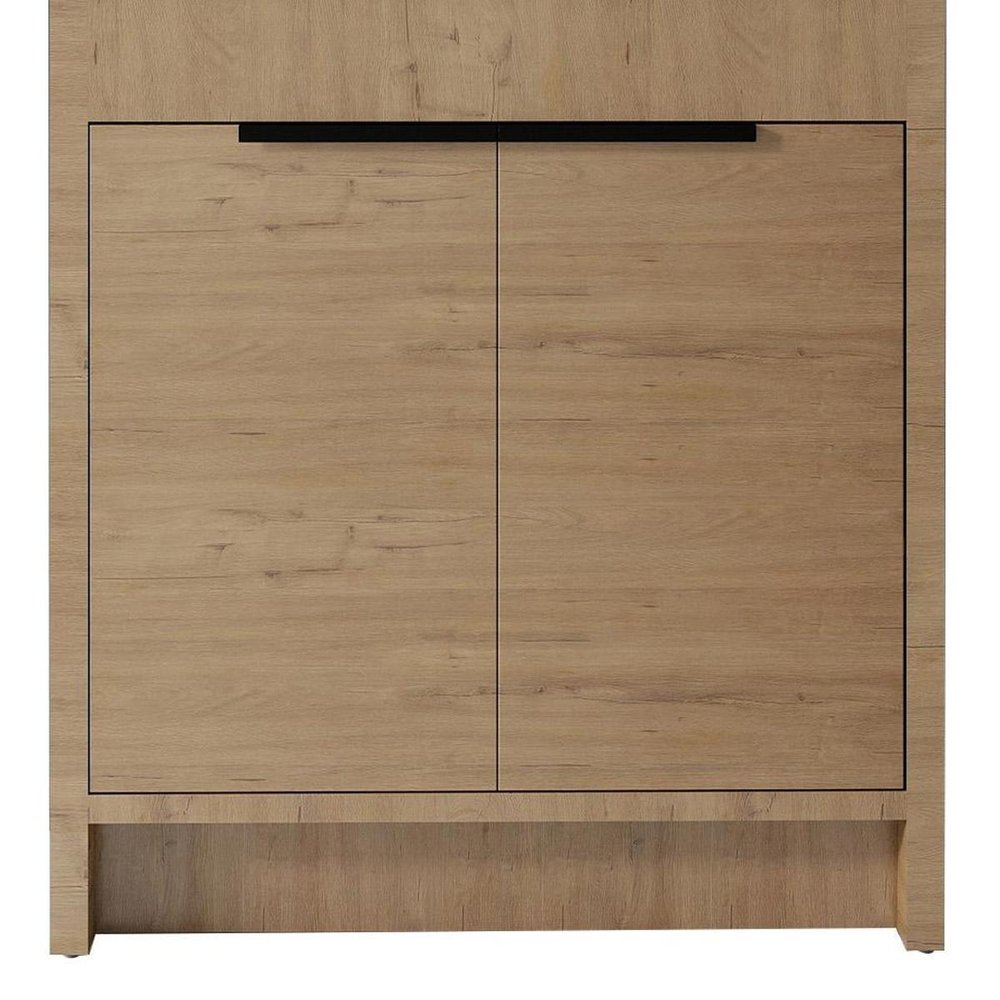 36" Brown Wood Freestanding Double Door Bathroom Vanity With White Sink. Bathroom vanity isolated on a plain white background, finished in brown wood.