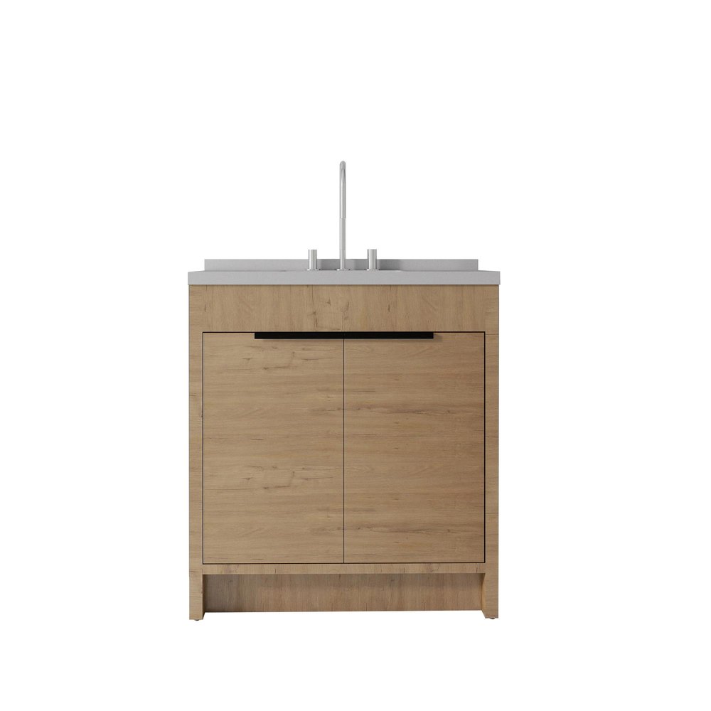 36" Brown Wood Freestanding Double Door Bathroom Vanity With White Sink. Bathroom vanity isolated on a plain white background, in a brown wood finish.