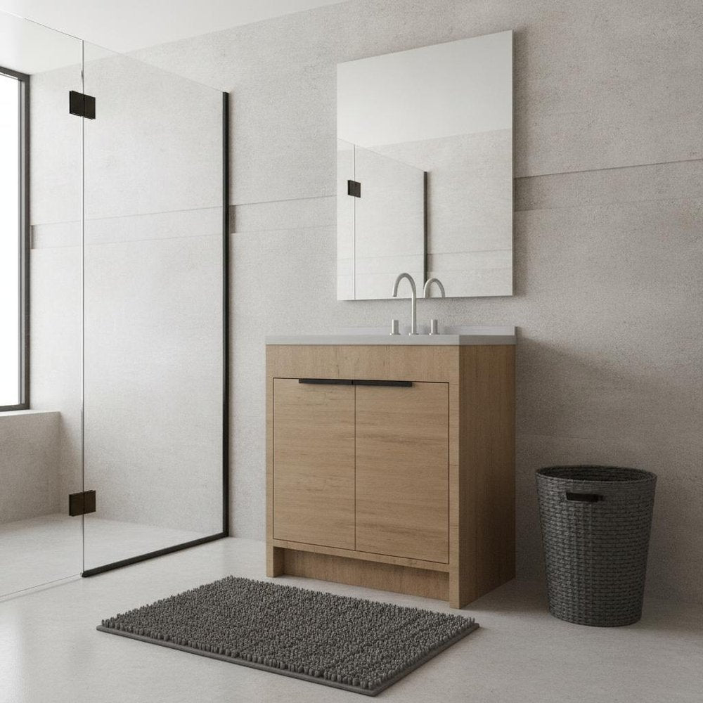 36" Brown Wood Freestanding Double Door Bathroom Vanity With White Sink