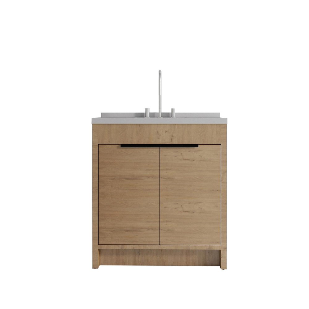 36" Brown Wood Freestanding Double Door Bathroom Vanity With White Sink. Bathroom vanity isolated on a plain white background, showing a brown wood surface.