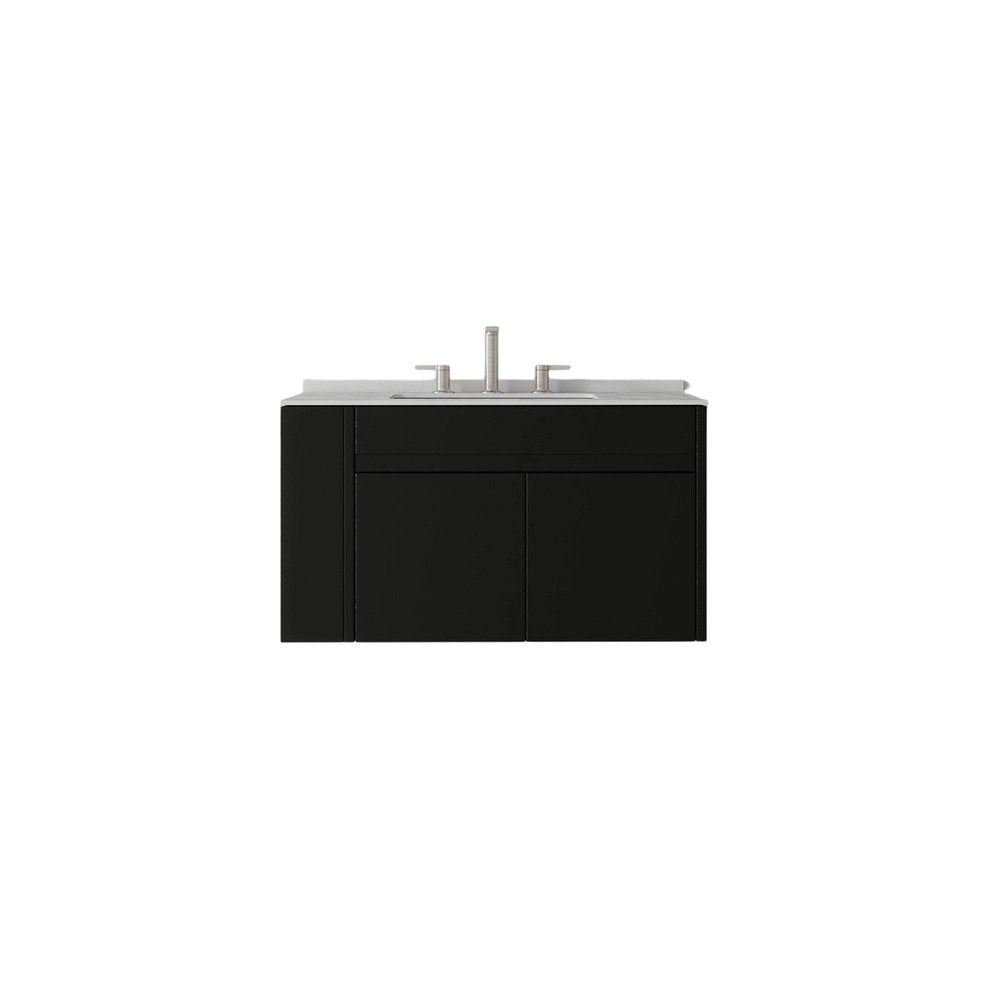 30" Black Wood Floating Double Door Bathroom Vanity With White Sink