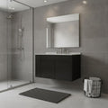 30" Black Wood Floating Double Door Bathroom Vanity With White Sink close-up detail