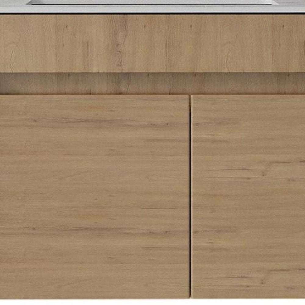 30" Brown Wood Floating Double Door Bathroom Vanity With White Sink - 19.60" H x 30.00" W x 18.35" D