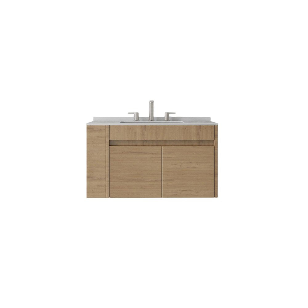 30" Brown Wood Floating Double Door Bathroom Vanity With White Sink. Bathroom vanity isolated on a plain white background, showing a brown wood surface.