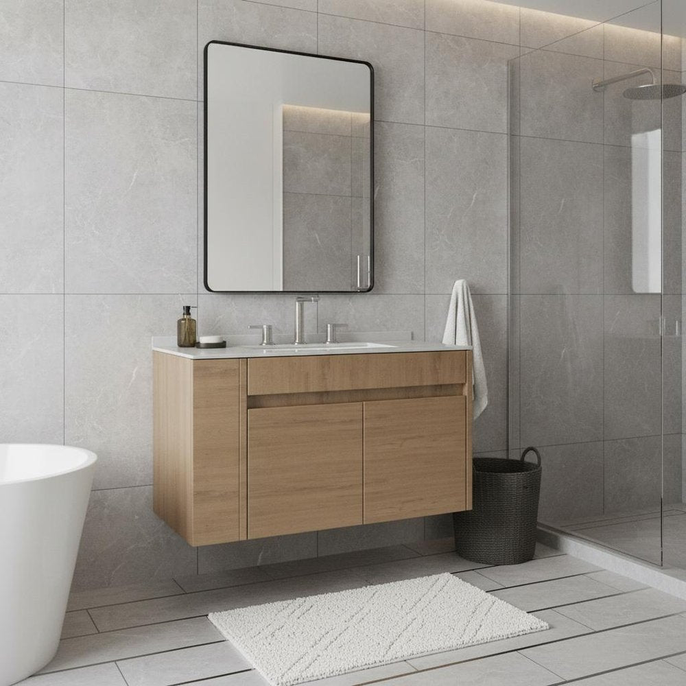 30" Brown Wood Floating Double Door Bathroom Vanity With White Sink - 19.60" H x 30.00" W x 18.35" D
