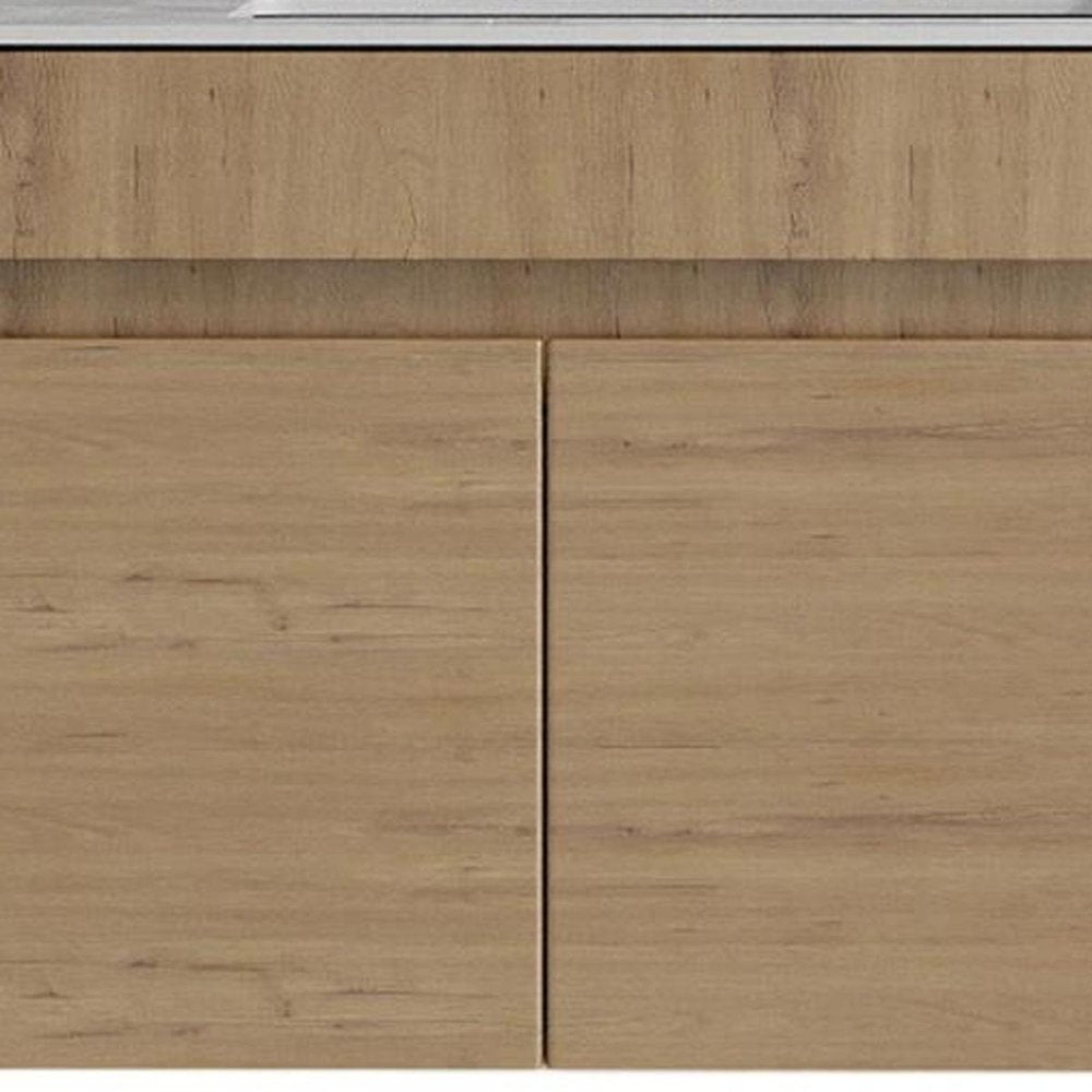 30" Brown Wood Floating Double Door Bathroom Vanity With White Sink. Bathroom vanity in brown wood.