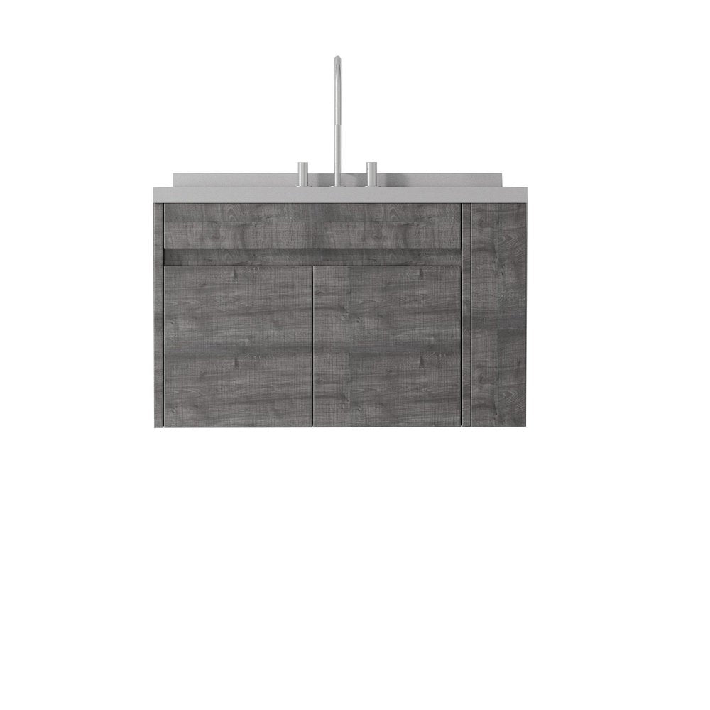 36" Gray Wood Floating Double Door Bathroom Vanity With White Sink