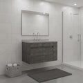 36" Gray Wood Floating Double Door Bathroom Vanity With White Sink close-up detail