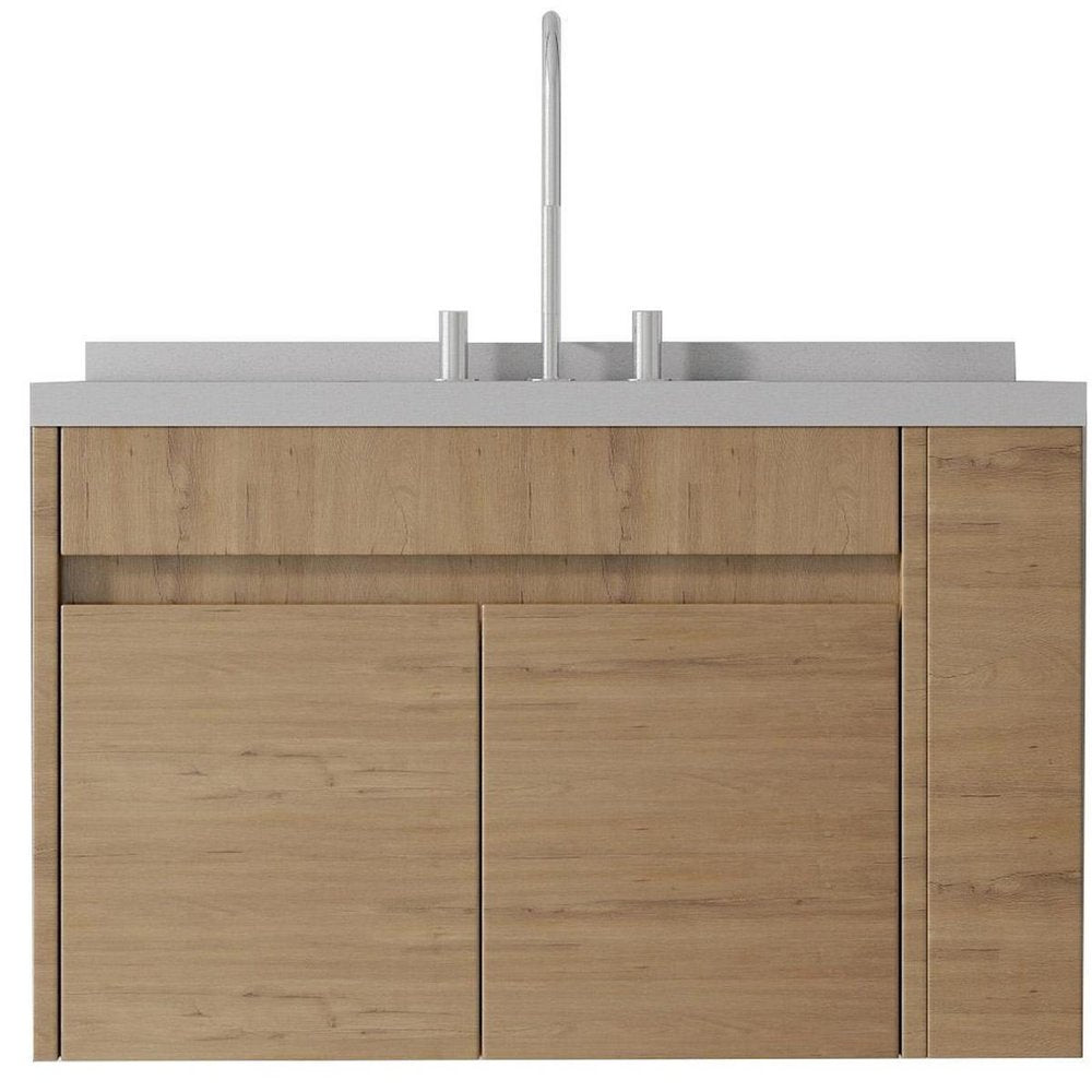36" Brown Wood Floating Double Door Bathroom Vanity With White Sink