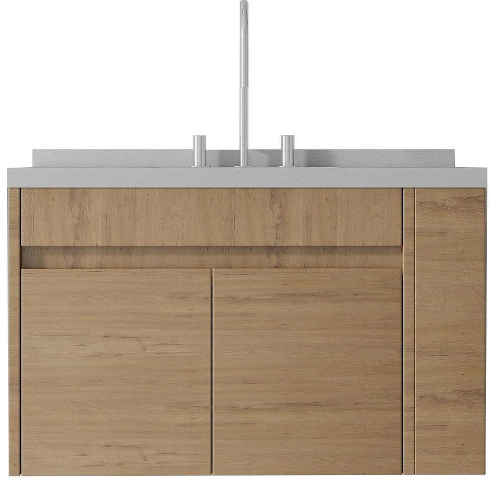 36" Brown Wood Floating Double Door Bathroom Vanity With White Sink