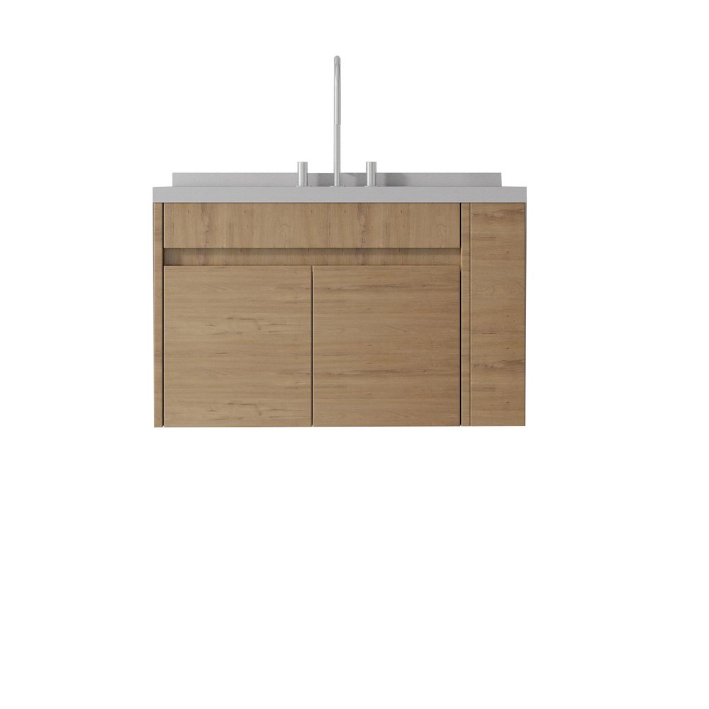 36" Brown Wood Floating Double Door Bathroom Vanity With White Sink